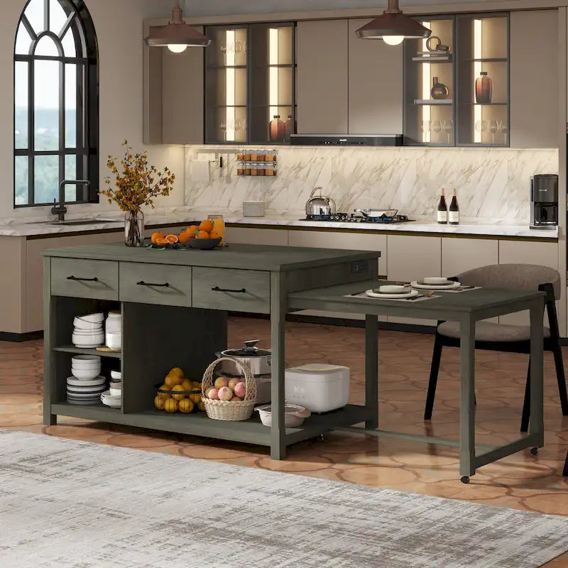 Extendable Kitchen Island With Storage(no include stool)