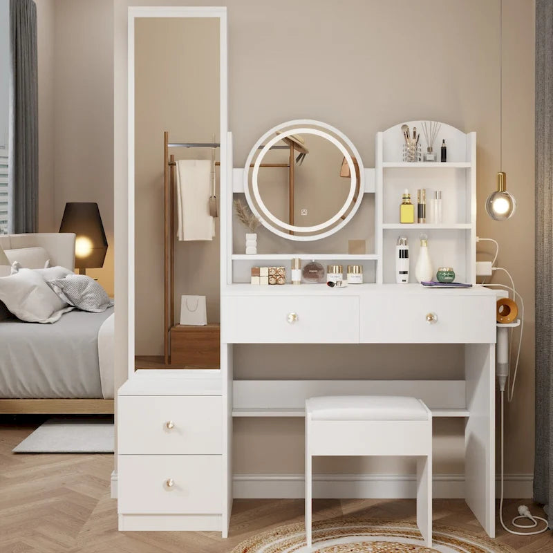 Full Body Mirror Cabinet + Round Mirror LED Vanity Table + Cushioned Stool