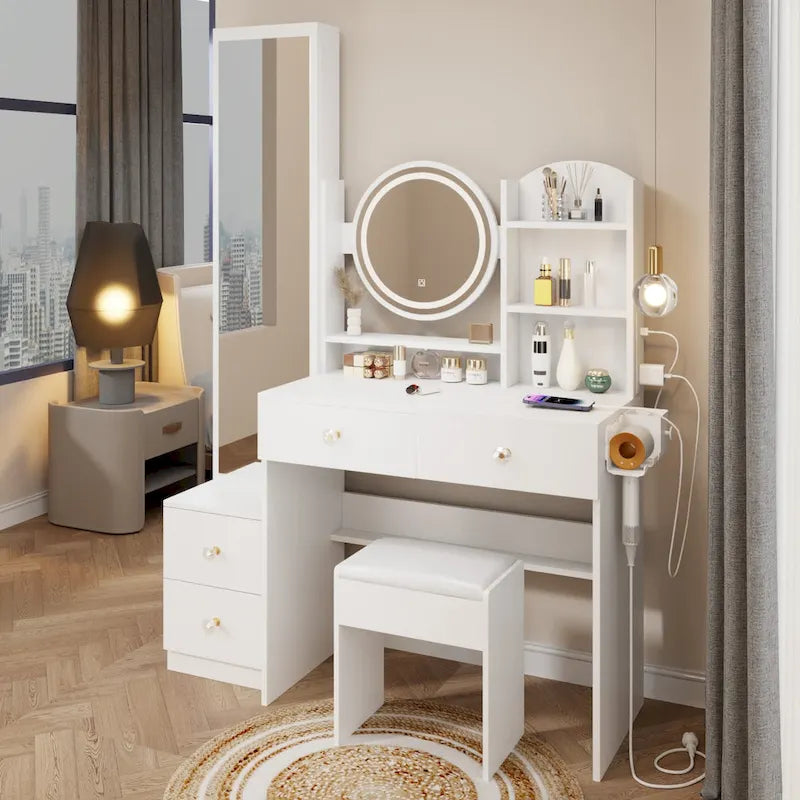 Full Body Mirror Cabinet + Round Mirror LED Vanity Table + Cushioned Stool