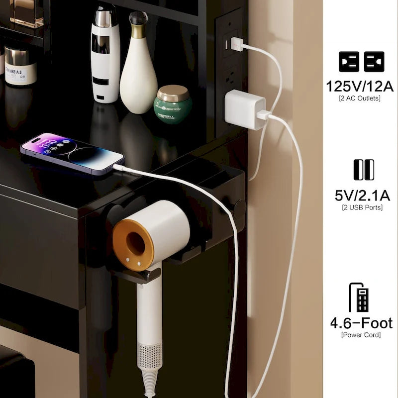 Full Body Mirror Cabinet + Round Mirror LED Vanity Table + Cushioned Stool