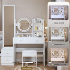 Full Body Mirror Cabinet + Round Mirror LED Vanity Table + Cushioned Stool