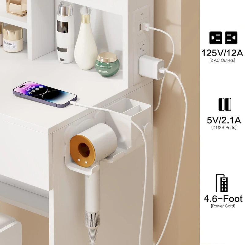 Full Body Mirror Cabinet + Round Mirror LED Vanity Table + Cushioned Stool