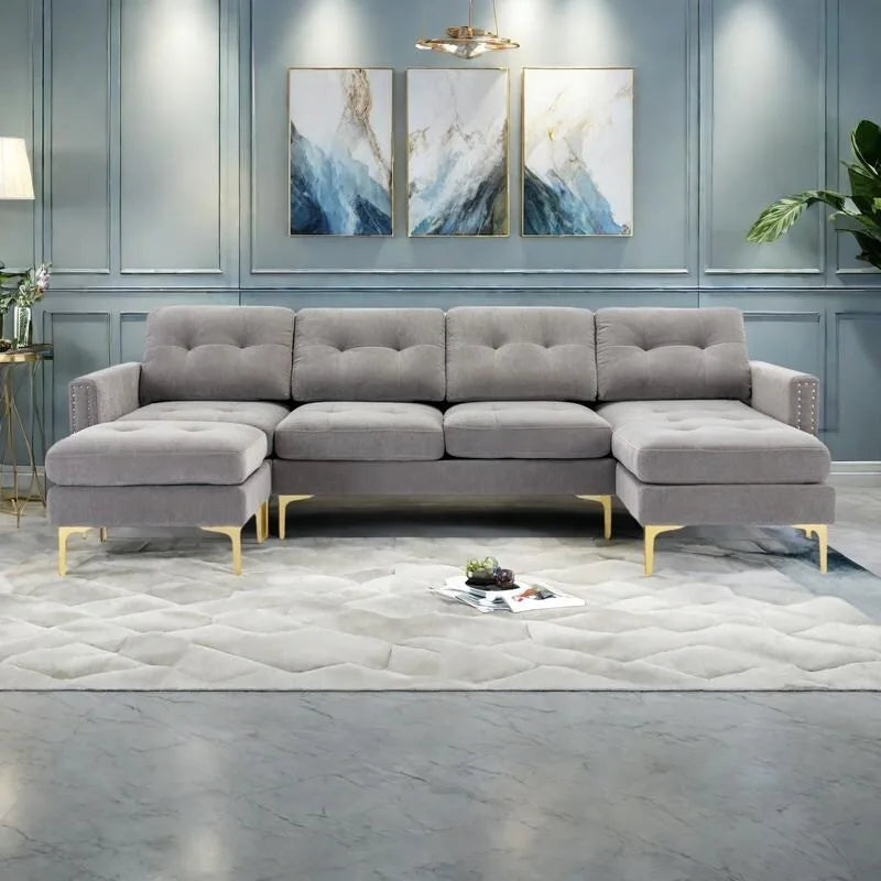 110.6  Velvet L-Shaped Sectional Sofa with Movable Ottoman and Storage Pockets