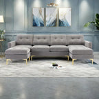 110.6  Velvet L-Shaped Sectional Sofa with Movable Ottoman and Storage Pockets