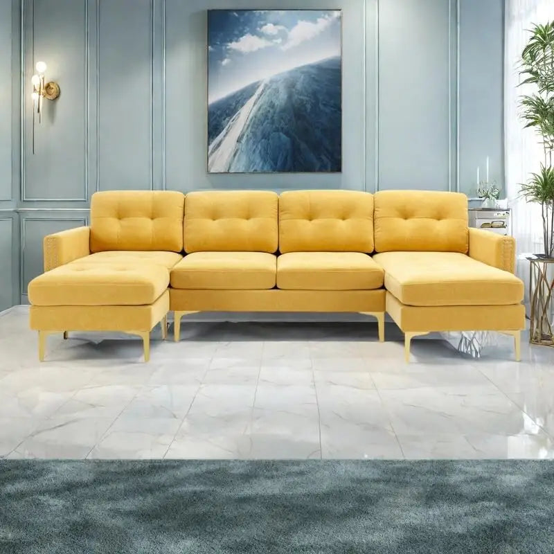 110.6  Velvet L-Shaped Sectional Sofa with Movable Ottoman and Storage Pockets