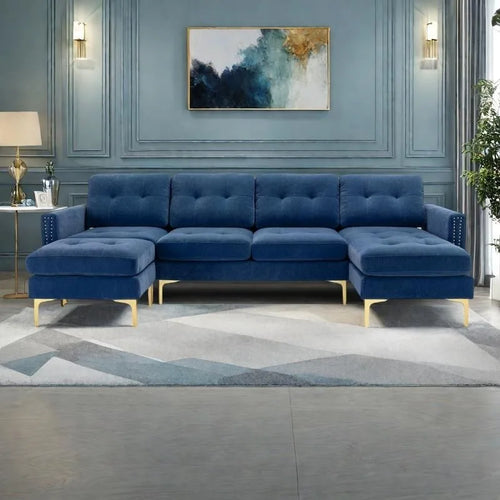 110.6  Velvet L-Shaped Sectional Sofa with Movable Ottoman and Storage Pockets