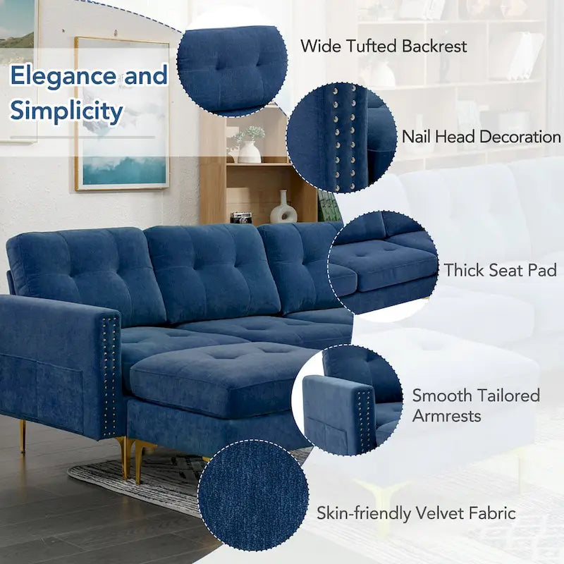 110.6  Velvet L-Shaped Sectional Sofa with Movable Ottoman and Storage Pockets