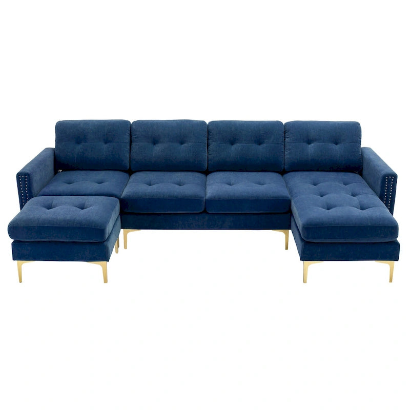 110.6  Velvet L-Shaped Sectional Sofa with Movable Ottoman and Storage Pockets