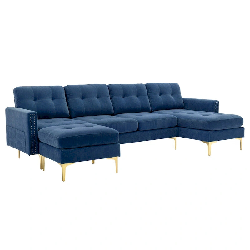 110.6  Velvet L-Shaped Sectional Sofa with Movable Ottoman and Storage Pockets