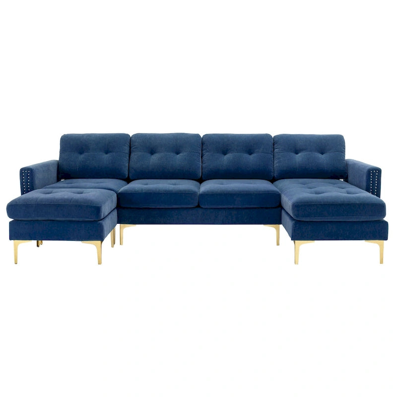 110.6  Velvet L-Shaped Sectional Sofa with Movable Ottoman and Storage Pockets