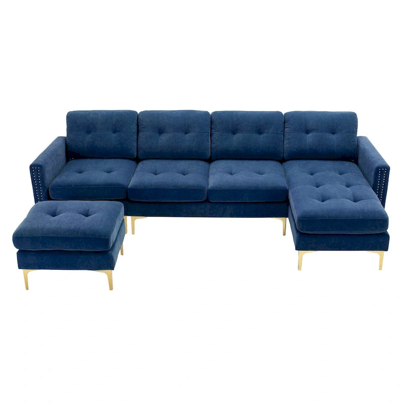 110.6  Velvet L-Shaped Sectional Sofa with Movable Ottoman and Storage Pockets