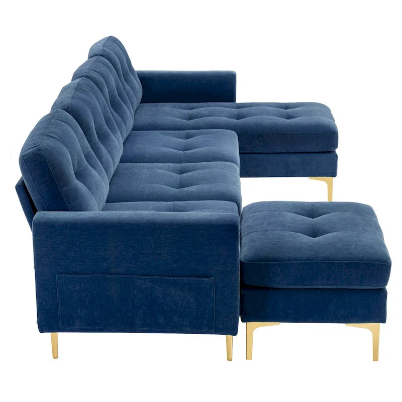 110.6  Velvet L-Shaped Sectional Sofa with Movable Ottoman and Storage Pockets