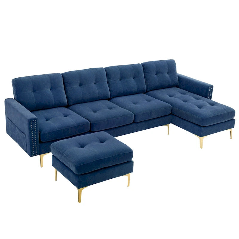 110.6  Velvet L-Shaped Sectional Sofa with Movable Ottoman and Storage Pockets