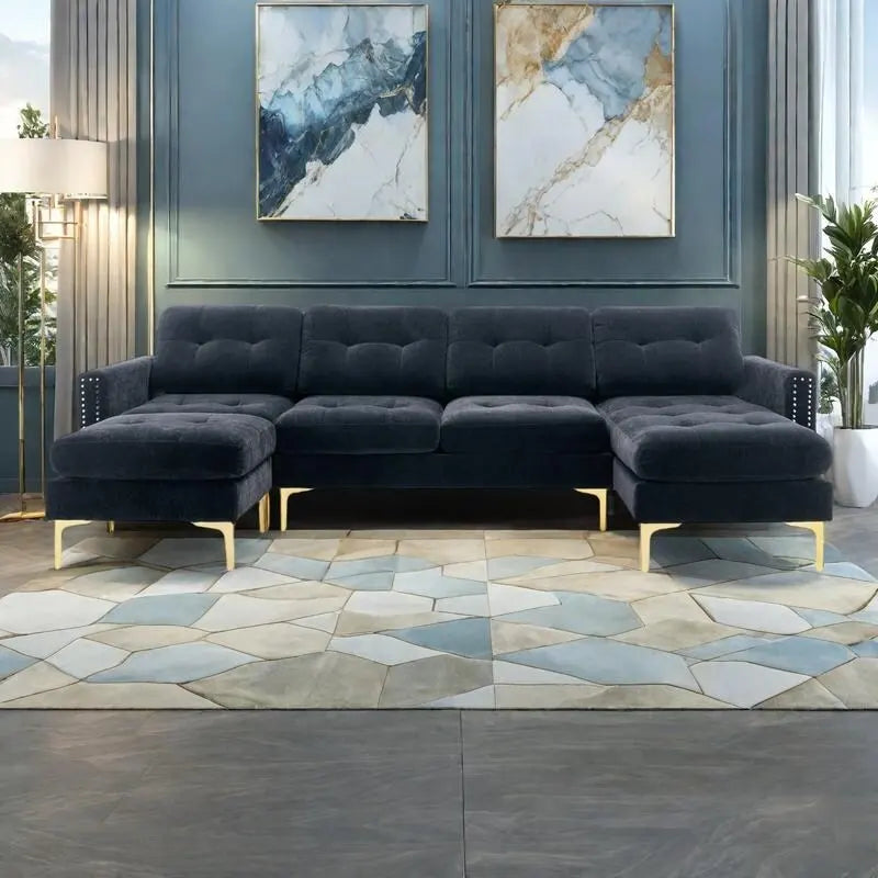 110.6  Velvet L-Shaped Sectional Sofa with Movable Ottoman and Storage Pockets