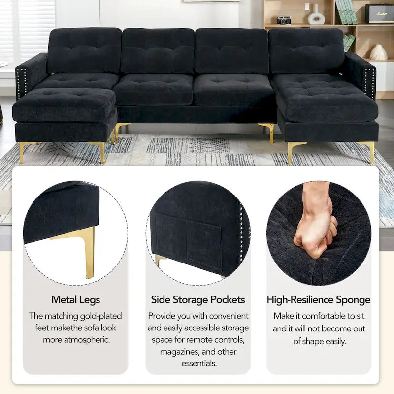 110.6  Velvet L-Shaped Sectional Sofa with Movable Ottoman and Storage Pockets