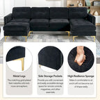 110.6  Velvet L-Shaped Sectional Sofa with Movable Ottoman and Storage Pockets