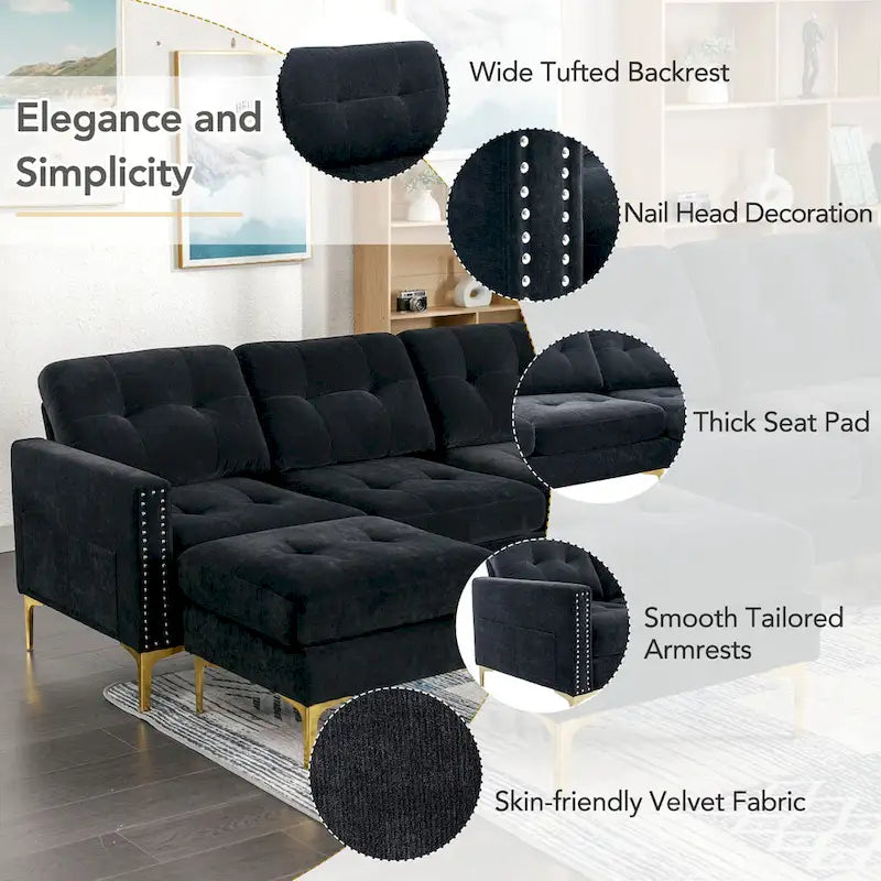 110.6  Velvet L-Shaped Sectional Sofa with Movable Ottoman and Storage Pockets