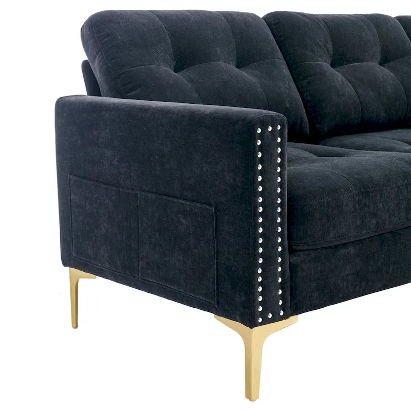 110.6  Velvet L-Shaped Sectional Sofa with Movable Ottoman and Storage Pockets
