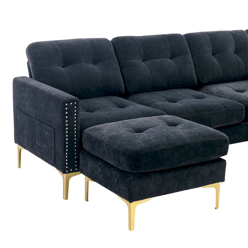 110.6  Velvet L-Shaped Sectional Sofa with Movable Ottoman and Storage Pockets