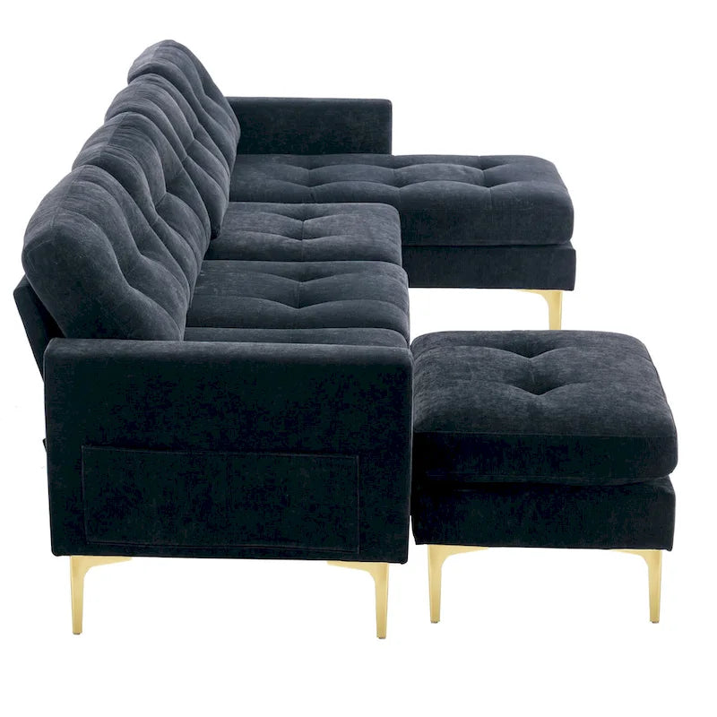 110.6  Velvet L-Shaped Sectional Sofa with Movable Ottoman and Storage Pockets