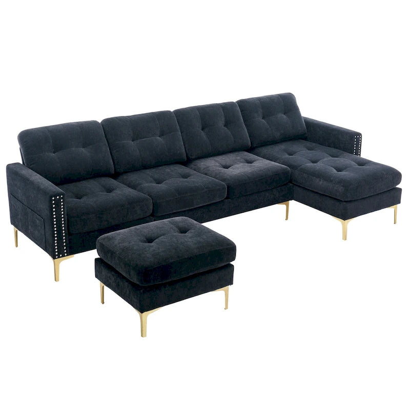 110.6  Velvet L-Shaped Sectional Sofa with Movable Ottoman and Storage Pockets