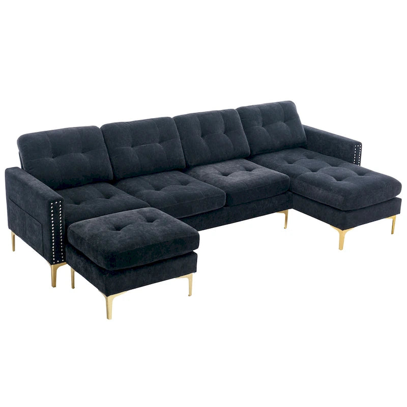110.6  Velvet L-Shaped Sectional Sofa with Movable Ottoman and Storage Pockets
