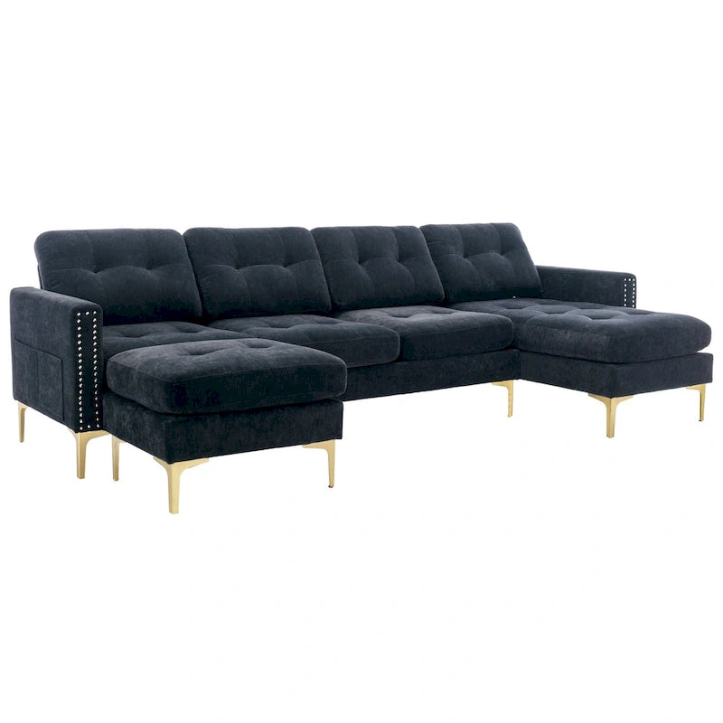 110.6  Velvet L-Shaped Sectional Sofa with Movable Ottoman and Storage Pockets