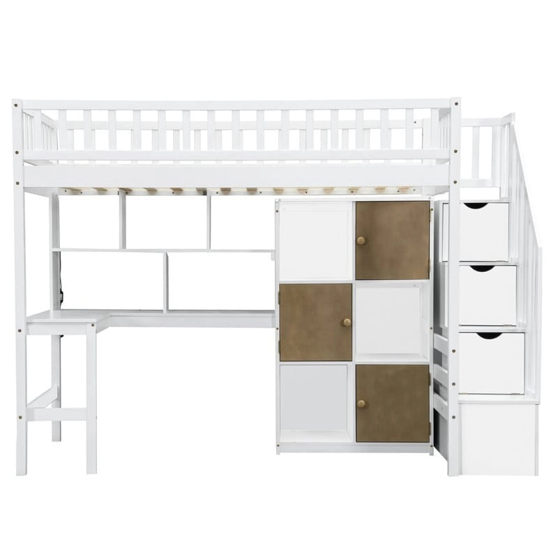 Twin Size Loft Bed with Bulit-in Desk, LED Light and Storage Staircase, Wooden Loft Bedframe with Storage Shelves and Cabinets