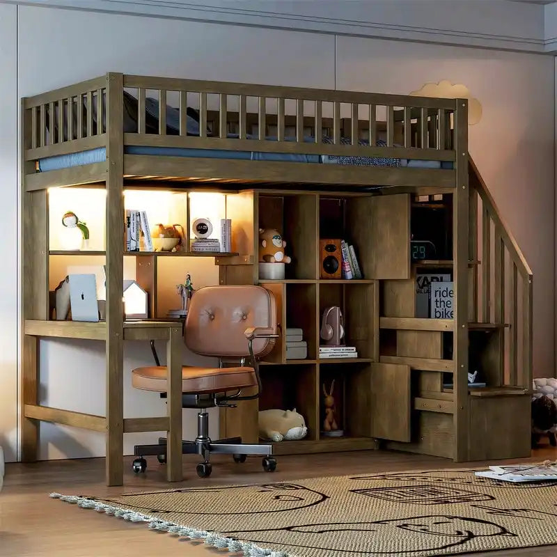 Twin Size Loft Bed with Bulit-in Desk, LED Light and Storage Staircase, Wooden Loft Bedframe with Storage Shelves and Cabinets