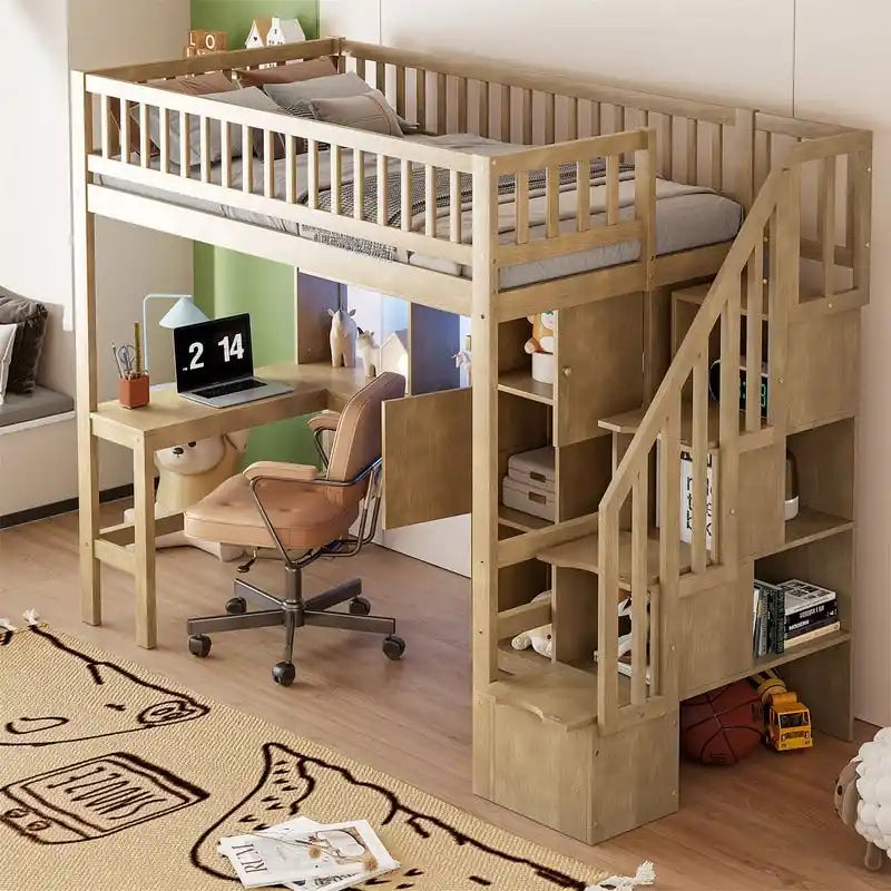 Twin Size Loft Bed with Bulit-in Desk, LED Light and Storage Staircase, Wooden Loft Bedframe with Storage Shelves and Cabinets