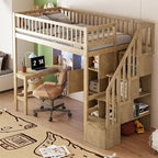 Twin Size Loft Bed with Bulit-in Desk, LED Light and Storage Staircase, Wooden Loft Bedframe with Storage Shelves and Cabinets