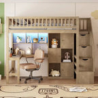 Twin Size Loft Bed with Bulit-in Desk, LED Light and Storage Staircase, Wooden Loft Bedframe with Storage Shelves and Cabinets