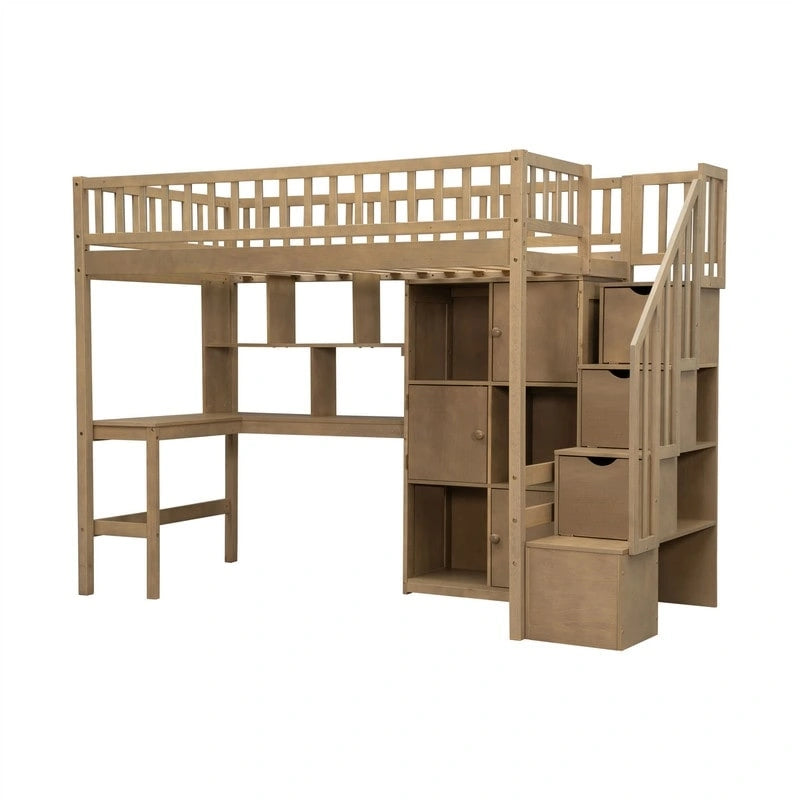 Twin Size Loft Bed with Bulit-in Desk, LED Light and Storage Staircase, Wooden Loft Bedframe with Storage Shelves and Cabinets