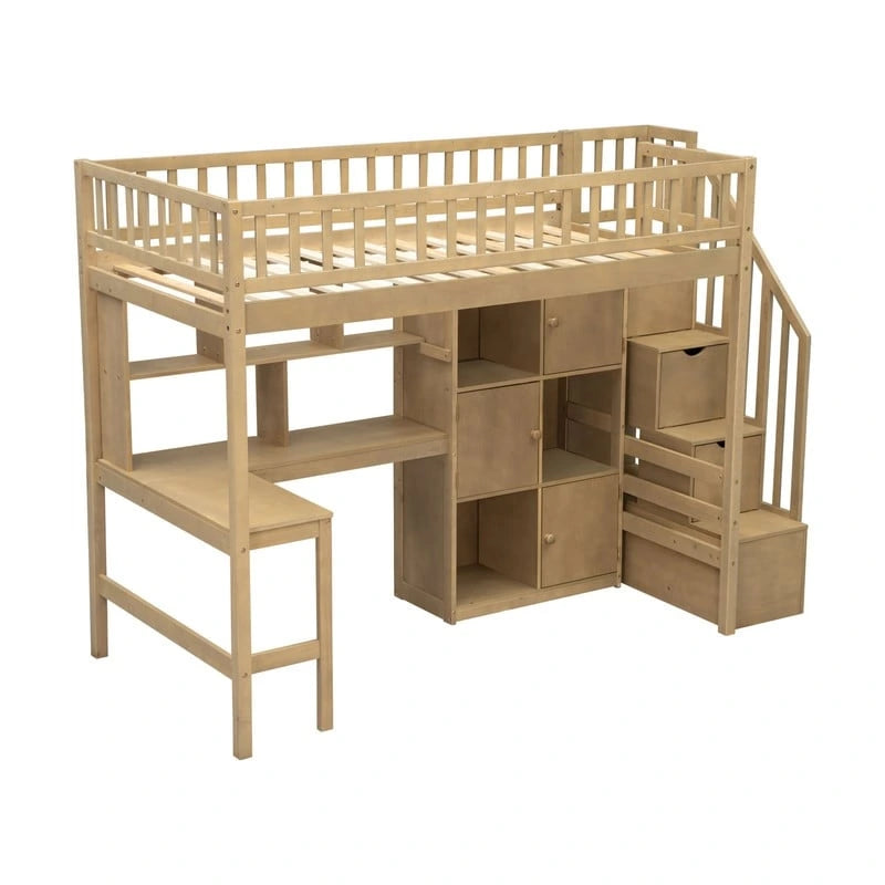 Twin Size Loft Bed with Bulit-in Desk, LED Light and Storage Staircase, Wooden Loft Bedframe with Storage Shelves and Cabinets