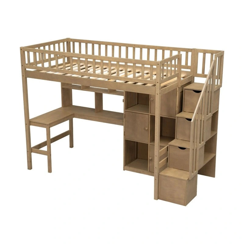 Twin Size Loft Bed with Bulit-in Desk, LED Light and Storage Staircase, Wooden Loft Bedframe with Storage Shelves and Cabinets