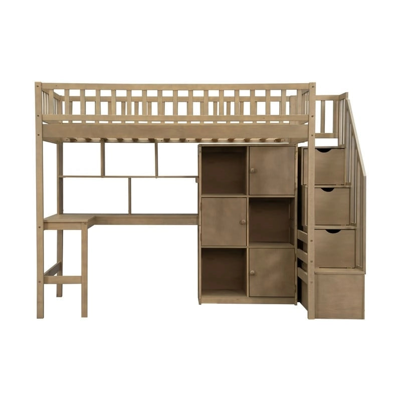 Twin Size Loft Bed with Bulit-in Desk, LED Light and Storage Staircase, Wooden Loft Bedframe with Storage Shelves and Cabinets