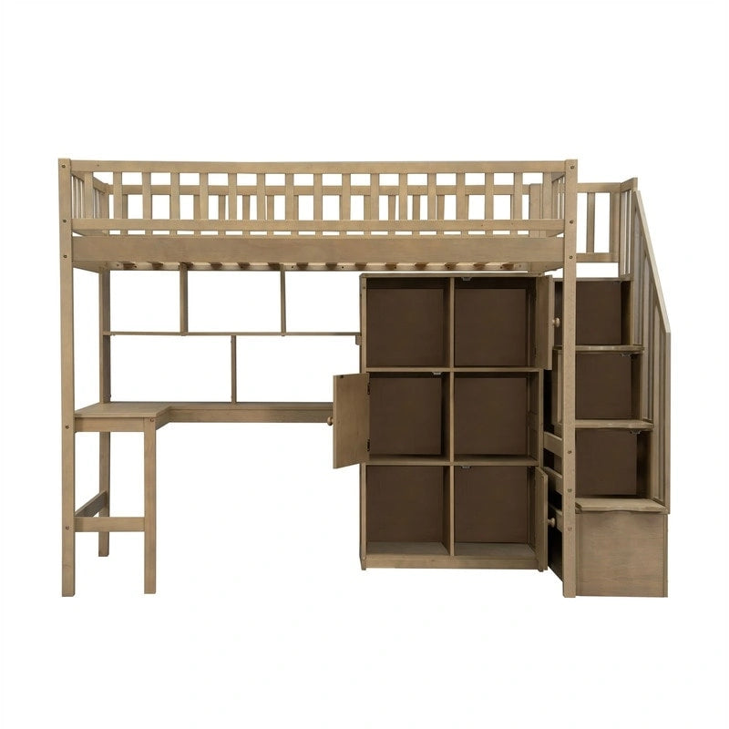 Twin Size Loft Bed with Bulit-in Desk, LED Light and Storage Staircase, Wooden Loft Bedframe with Storage Shelves and Cabinets