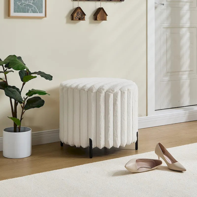 22.05 Wide Upholstered Round Pouf Ottoman Foot Rest with Black Metal Legs