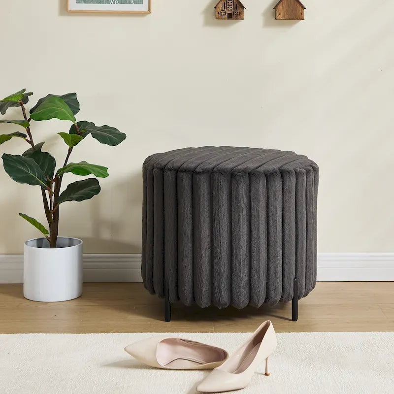 22.05 Wide Upholstered Round Pouf Ottoman Foot Rest with Black Metal Legs