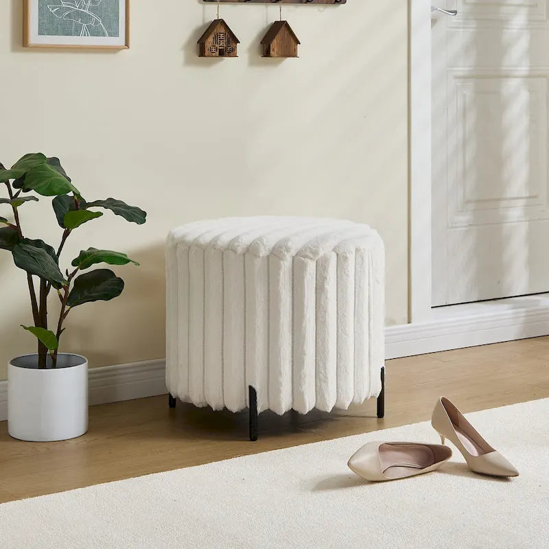 22.05 Wide Upholstered Round Pouf Ottoman Foot Rest with Black Metal Legs