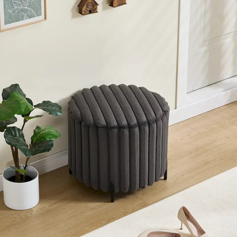 22.05 Wide Upholstered Round Pouf Ottoman Foot Rest with Black Metal Legs