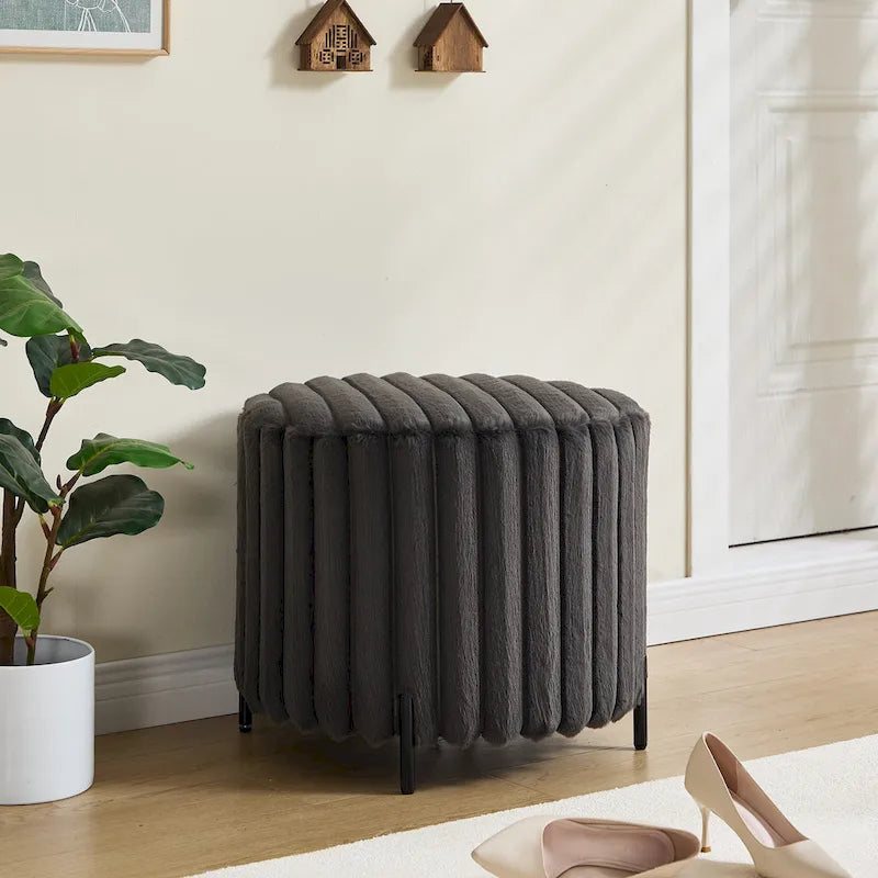 22.05 Wide Upholstered Round Pouf Ottoman Foot Rest with Black Metal Legs