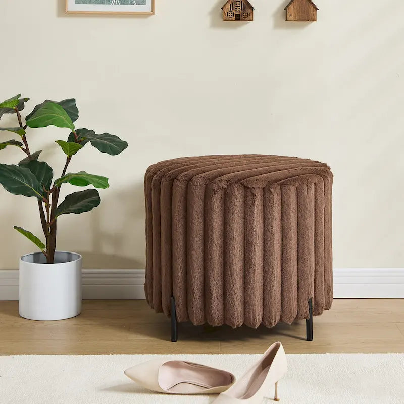 22.05 Wide Upholstered Round Pouf Ottoman Foot Rest with Black Metal Legs