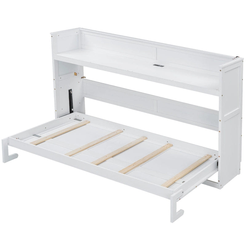 Twin XL Size Murphy Bed with Desk & LED Light, Solid Wood Bed Frame with USB Charging Station, for Small Spaces and Home Offices