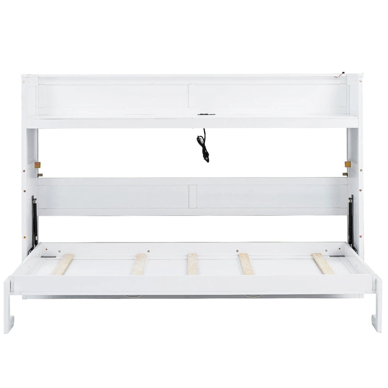 Twin XL Size Murphy Bed with Desk & LED Light, Solid Wood Bed Frame with USB Charging Station, for Small Spaces and Home Offices