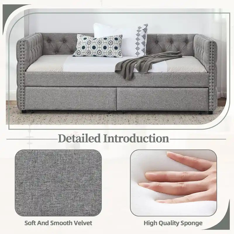 Linen Upholstered Mid-century Modern Twin Size Copper Nail Daybed Sofa with Two Drawers