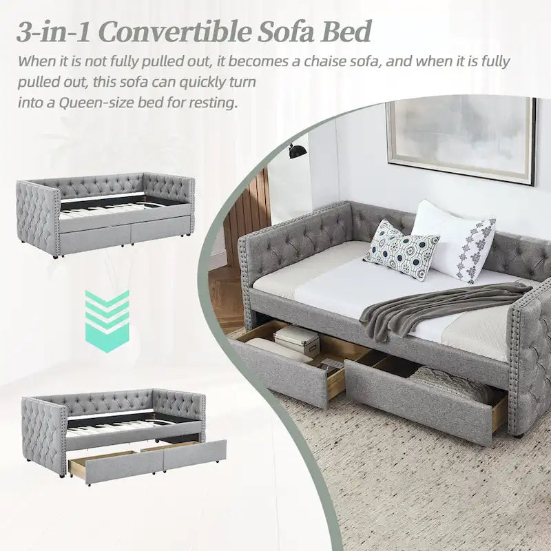 Linen Upholstered Mid-century Modern Twin Size Copper Nail Daybed Sofa with Two Drawers