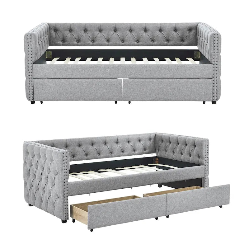 Linen Upholstered Mid-century Modern Twin Size Copper Nail Daybed Sofa with Two Drawers