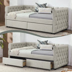 Linen Upholstered Mid-century Modern Twin Size Copper Nail Daybed Sofa with Two Drawers