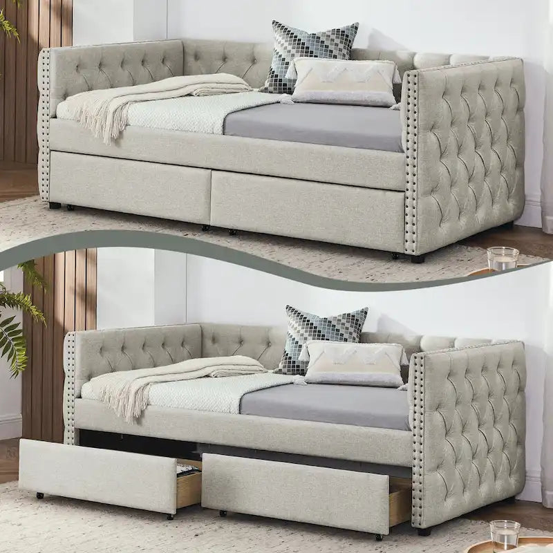 Linen Upholstered Mid-century Modern Twin Size Copper Nail Daybed Sofa with Two Drawers